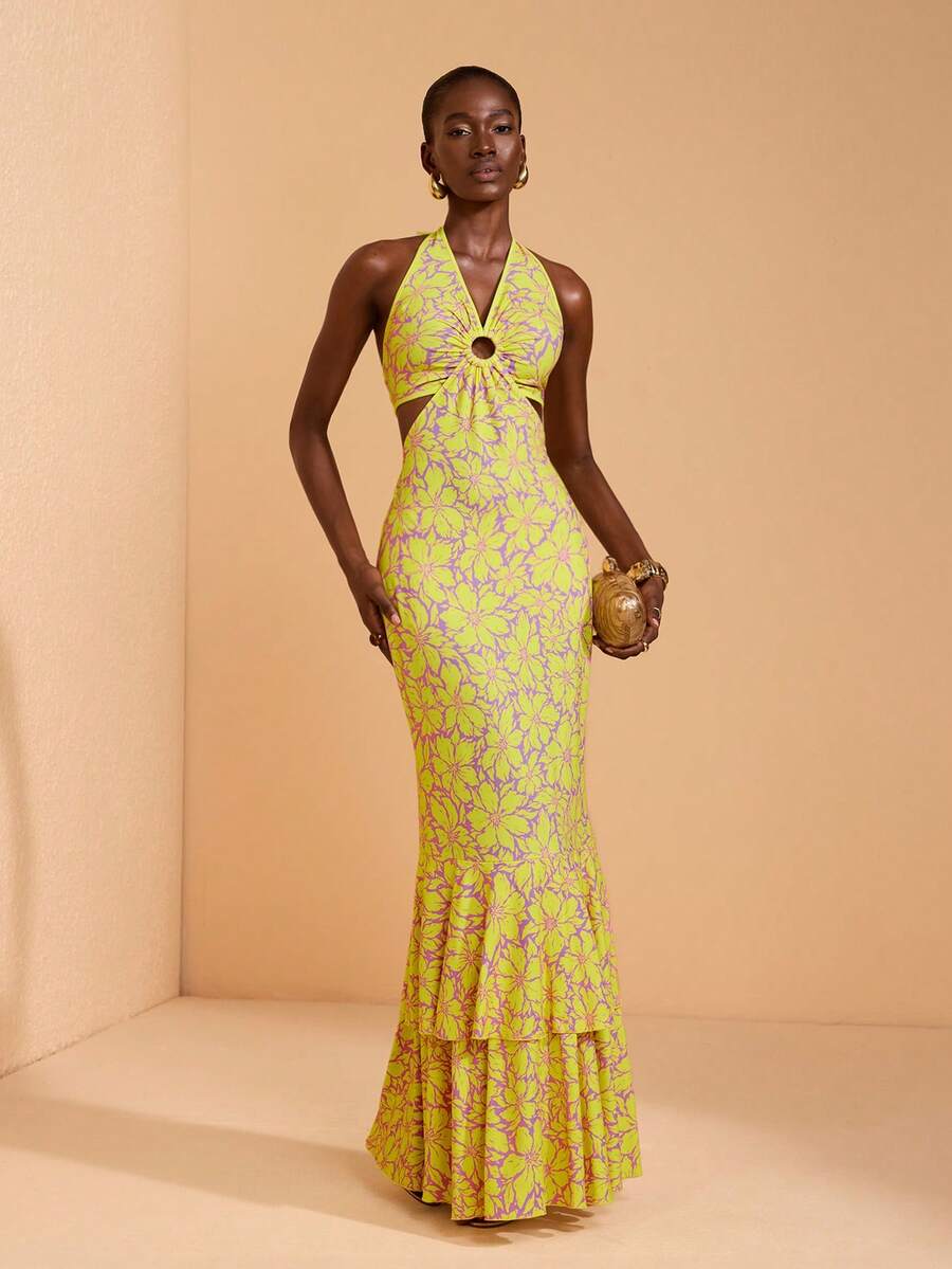 JIAN LASALA 优雅印花荷叶边美人鱼连衣裙，露背无袖热带风情镂空设计 - 黃色 - 查看 1