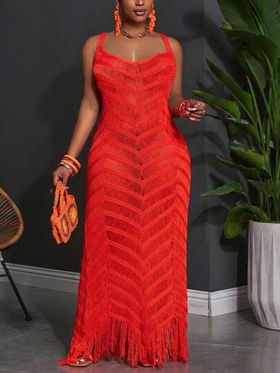 Slaydiva Plus Size Summer Sleeveless Hollow Out Sheer Dress