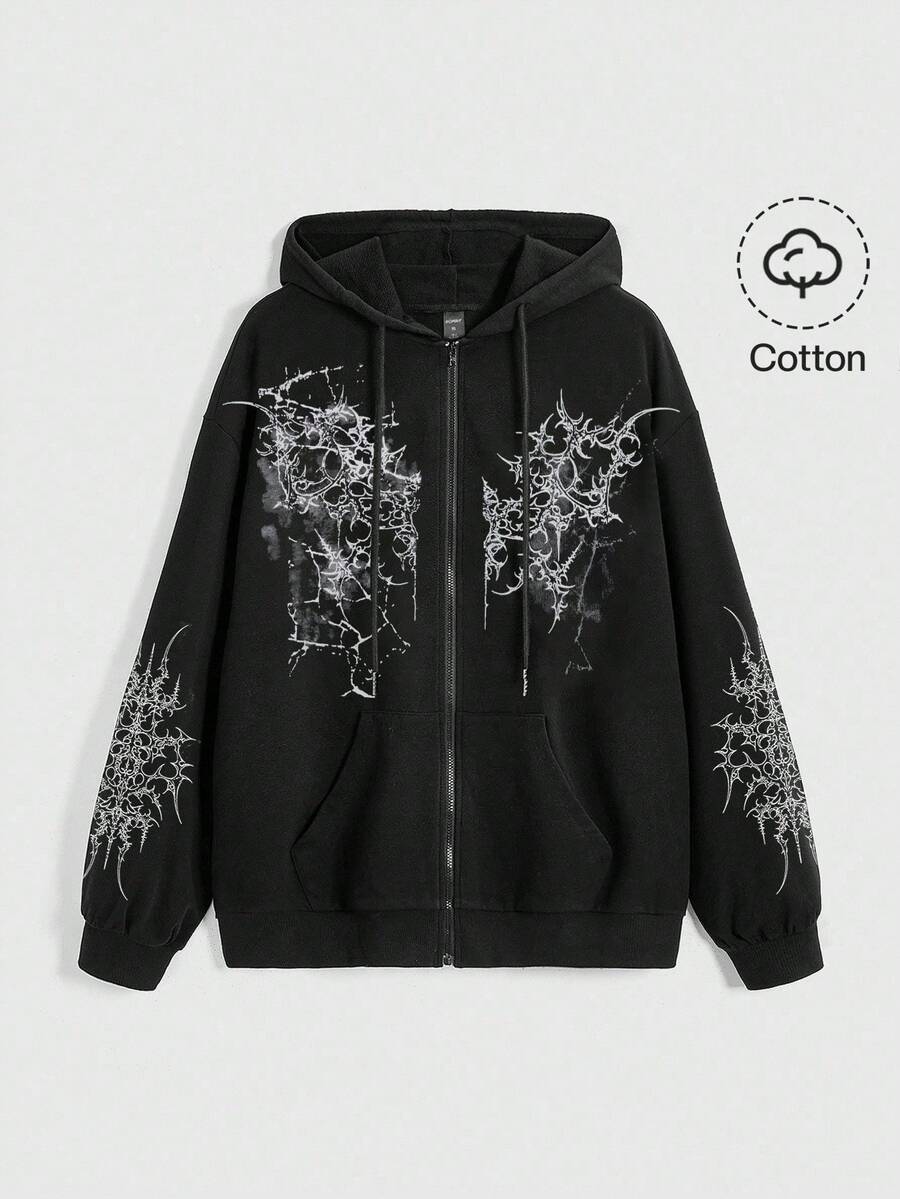 ROMWE Grunge Punk 朋克街头风复古荆棘 Y2K Y3K 未来主义扎染十字印花黑色拉链图案口袋女式卫衣 - 黑色 - 查看 1