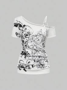 ROMWE Grunge Punk Spring/Summer Casual Graphic White Cute Tropical Purple Vine Cross Shoulder Sleeveless Elastic Shirred Women's Kpop T-Shirt, Suitable For Summer Beach, Graduation, Easter, Concerts, Nashville Vacation, Elegant - White - View 5