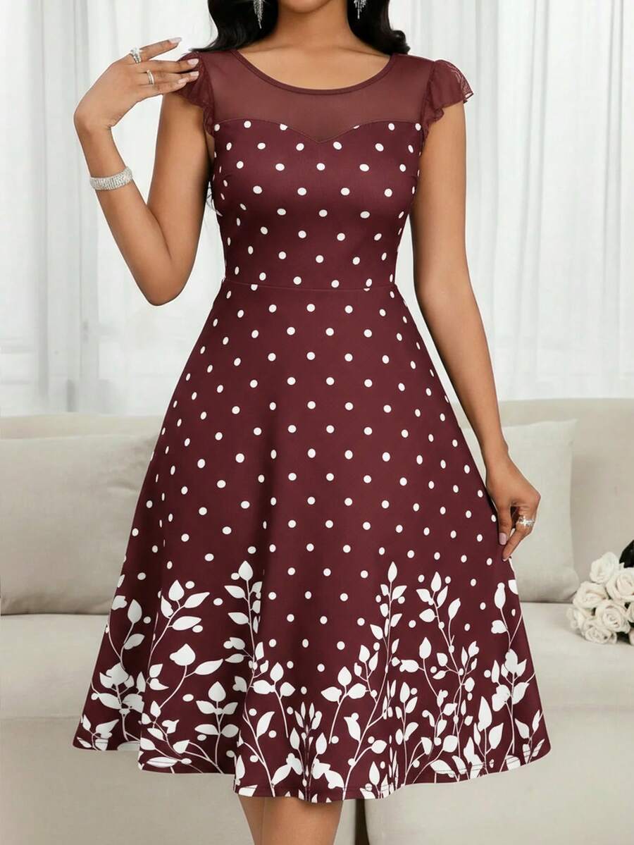 SHEIN Lady Spring And Summer Mesh Splicing Flying Sleeve Polka Dot Flower Print Holiday Dress - Burgundy - View 1