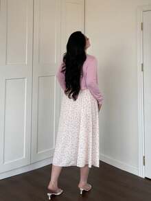 Vibekara Set de 2 piezas: Chaqueta corta acanalada linda emparejada con vestido mini con estampado floral diminuto - Rosa Pálido - Ver 2