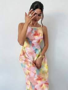 Vestido de verano suelto con estampado floral, tirantes finos y espalda descubierta, para vacaciones y días festivos, color amarillo mantequilla, vestidos de verano para mujer - Multicolor 2 - Ver 5