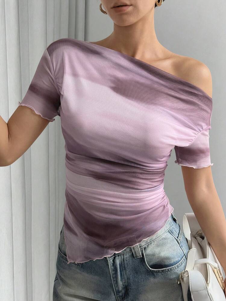Casual Elegant Ombre Pink Mesh T-Shirt For Women, Spring & Summer