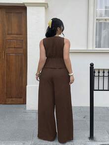 SHEIN EZwear 大码女式纯色系带背心和裤子休闲两件套 - 巧克力棕 - 查看 8