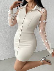 Modelyn 女士杏色花卉网纱袖衬衫裙，收腰修身迷你连衣裙，独特设计 - 杏色 - 查看 1