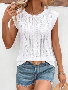 SHEIN LUNE 春夏新款时尚休闲圆领短袖白色提花T恤 - 白色 - 查看 1