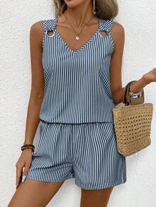 EMERY ROSE Women's Casual Blue And White Stripe Two-Piece Outfit With V-Neck Camisole And Shorts Perfect For Summer Comfort Beach Vacation - Blue - View 3