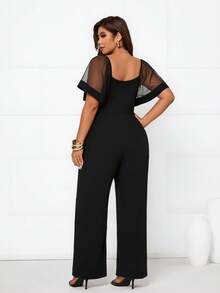 Femmeverse Plus Size Women's New Mesh Patchwork Jumpsuit, Slimming And Elegant - Black - View 2