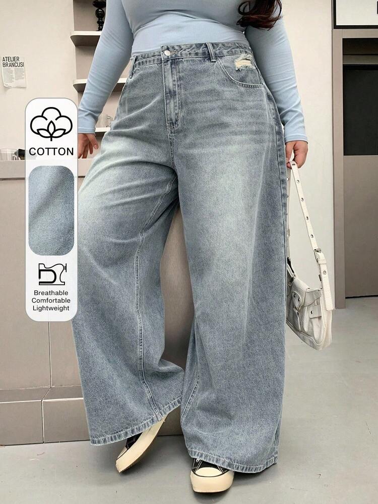 Dazy Plus Plus Size Distressed Washed Wide Leg Long Denim Jeans