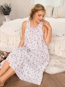 CottageSlumber Camisón holgado de mujer con estampado floral diminuto sin mangas, ropa de dormir ligera para primavera y verano, talla grande - Púrpura malva - Ver 7
