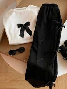 SHEIN EZwear 2 件女式套装：圆领长袖上衣配蝴蝶结装饰和长裤，休闲 - 彩色 - 查看 4