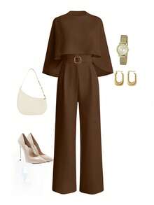 Franclia 女士优雅法式圆领收腰连体裤，冬季休闲束腰装 - 棕色 - 查看 3