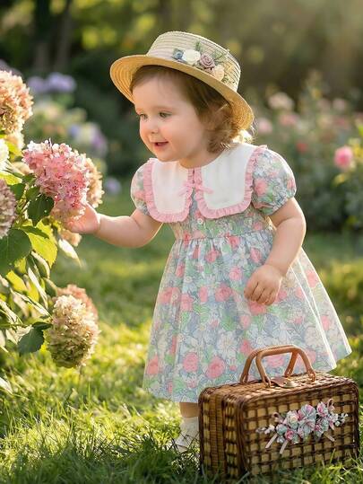 Souflis Souflis 法式新款女童优雅碎花蝴蝶结领短袖连衣裙，夏季户外田园风