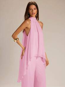SHEIN BAE Bộ đồ 2 mảnh màu vàng gồm áo tank top không tay cổ yếm, chất liệu xuyên thấu, kiểu dáng bất đối xứng và quần ống rộng bằng vải lanh, phong cách tối giản, thích hợp cho mùa xuân/hè. - Màu Hồng baby - Xem 3
