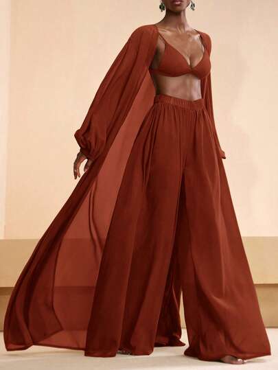Zivah Women's Solid Color Robe And Elastic Waist Pants Casual Vacation Coverup Set