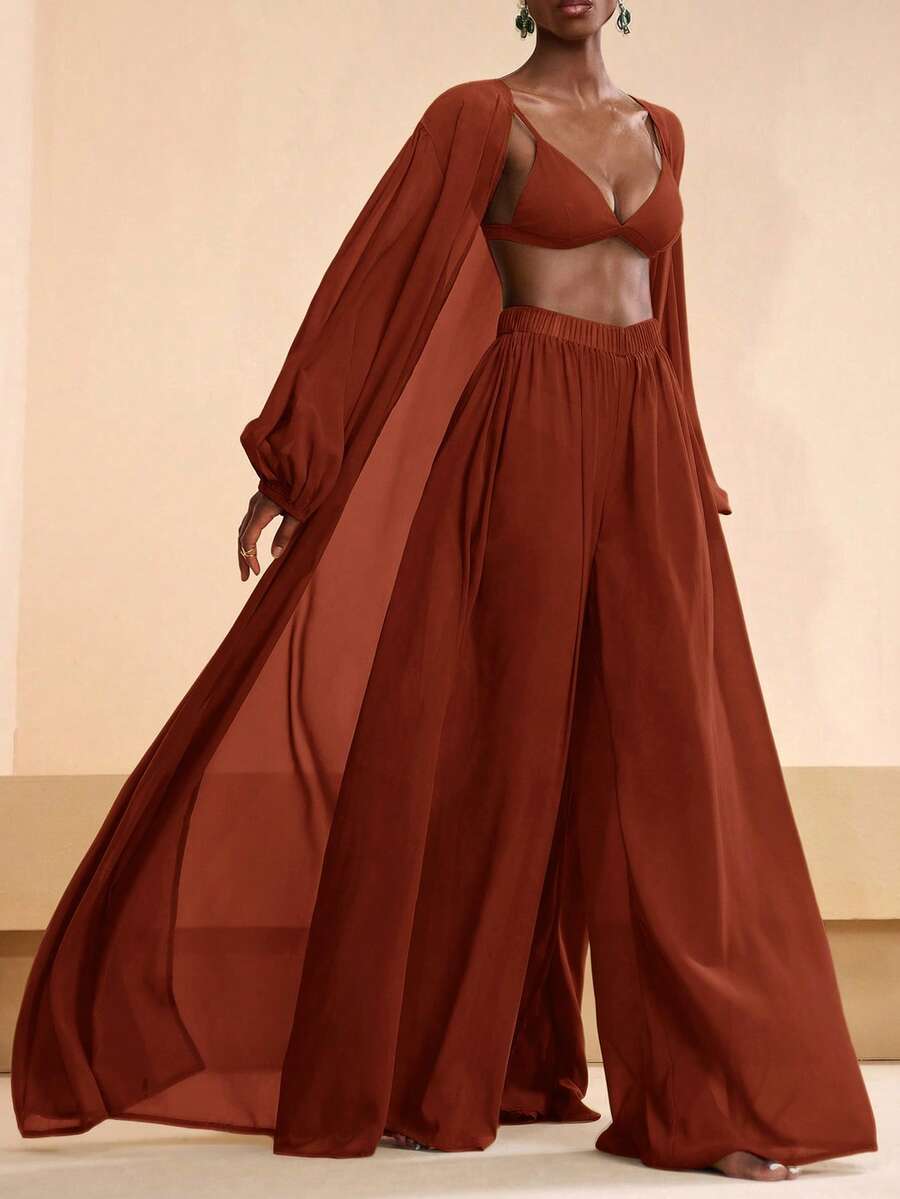 Zivah Women's Solid Color Robe And Elastic Waist Pants Casual Vacation Coverup Set Summer Beach