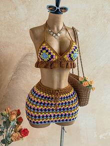 Soleia 女士波西米亚风花卉钩编露背针织上衣和抽绳腰时尚迷你裙两件套 - 白色 - 查看 3