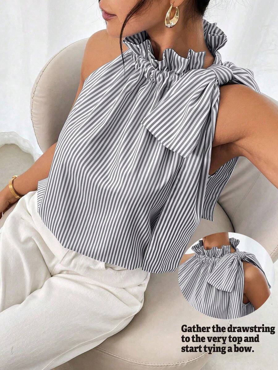 SHEIN LUNE Blouse sans manches à col à volants et nœud papillon à rayures grises pour femmes, top élégant d'été pour tea party à la française, brunch et tenue décontractée chic, nouveau modèle à col licou - Gris - Voir 1