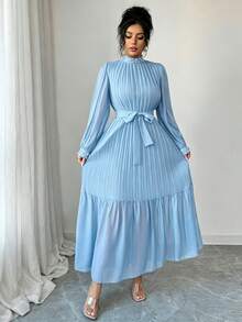 Modelyn Purple Long Sleeve Stand Collar Pearl Pleated Textured Fabric Midi Dress For Women - Blue - View 6