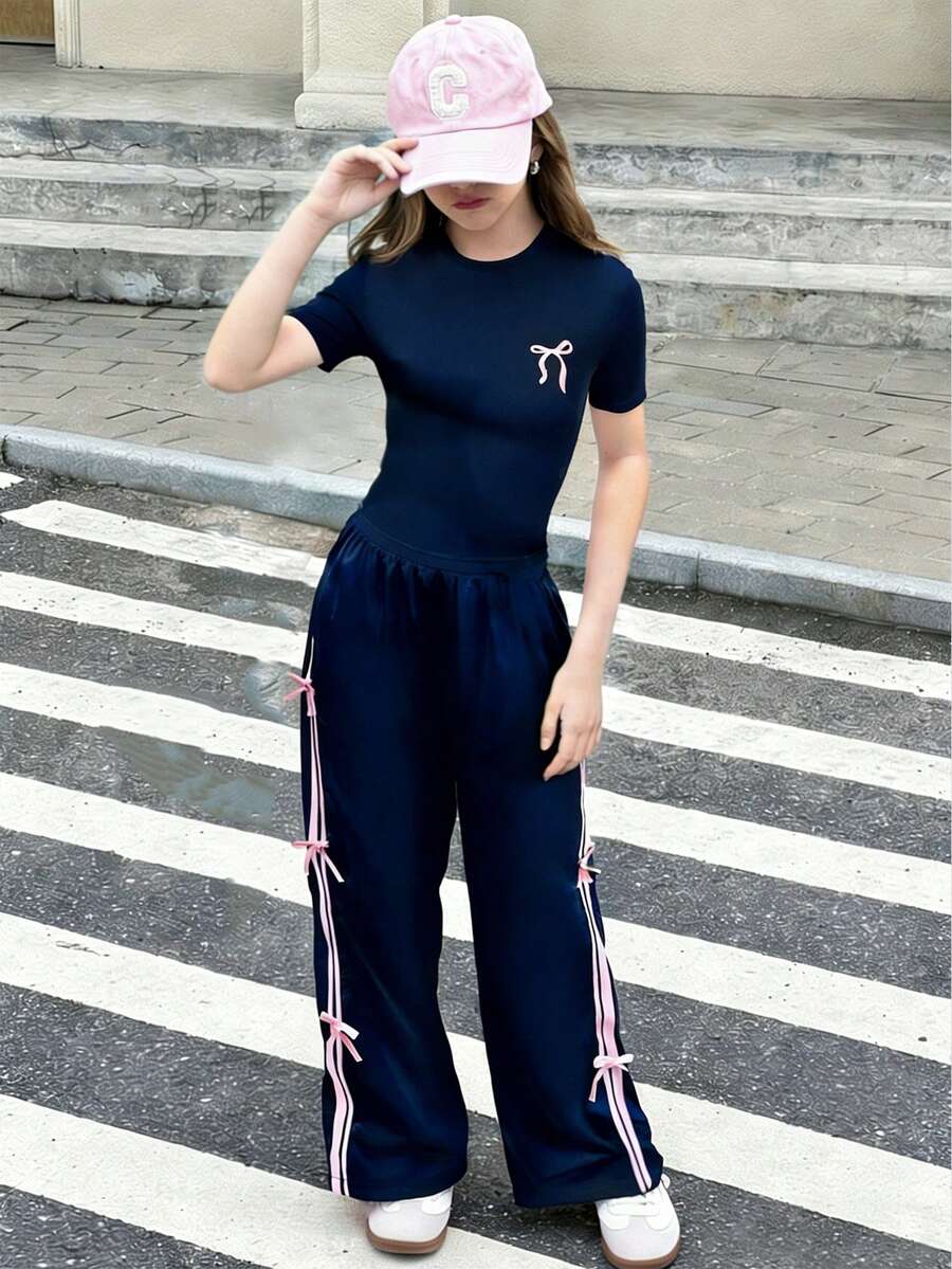 SHEIN 2pcs/Set Teenage Short Sleeve & Long Pants Set, Bow Tie Ribbon Decor, Pink, Suitable For Spring/Summer, Sports & Casual Wear
