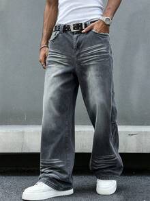Manfinity EMRG Plus Size Men's Fashionable Cat Whisker Pleated Pocket Denim Jeans - Grey - View 3