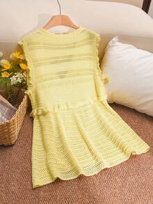 CosyJoli Plus Size Summer Casual Solid Color Sleeveless Hollow Out Knit Sweater Fall/Winter - Yellow - View 2