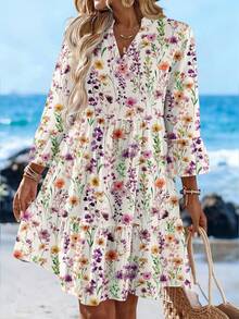 Sylviya Casual Minimalist Watercolor Floral Print Short Dress, Suitable For Summer, Vacation, Retro Style - Multicolor - View 5