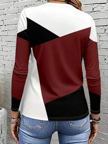 EMERY ROSE Women's Long Sleeve T-Shirt,Burgundy Color Block Patchwork Printed Blouse,Elegant Autumn Casual Everyday Minimalist Style Versatile Comfortable Top - Grey - View 2