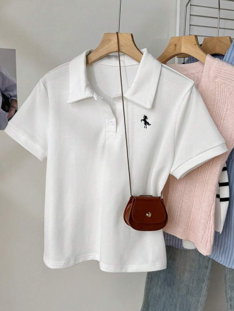 Women's Summer Polo Collar Short Sleeve Embroidered Casual Sports Polo Shirt