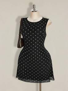 SHEIN ICON Đầm lưới không tay cổ thuyền cỡ lớn in họa tiết lá phong, thích hợp cho mùa hè, mùa tốt nghiệp, mùa tựu trường, kỳ nghỉ hè, cũng phù hợp cho mùa thu. - Đen và trắng - Xem 4