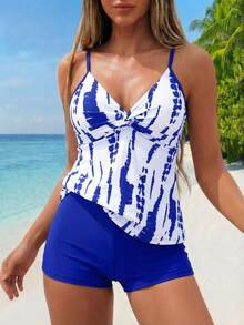 女士夏季沙灘渐變色印花扭結肩帶坦克上衣配實色方形短褲的泳衣套裝（隨機印花） - 寶藍色 - 查看 2