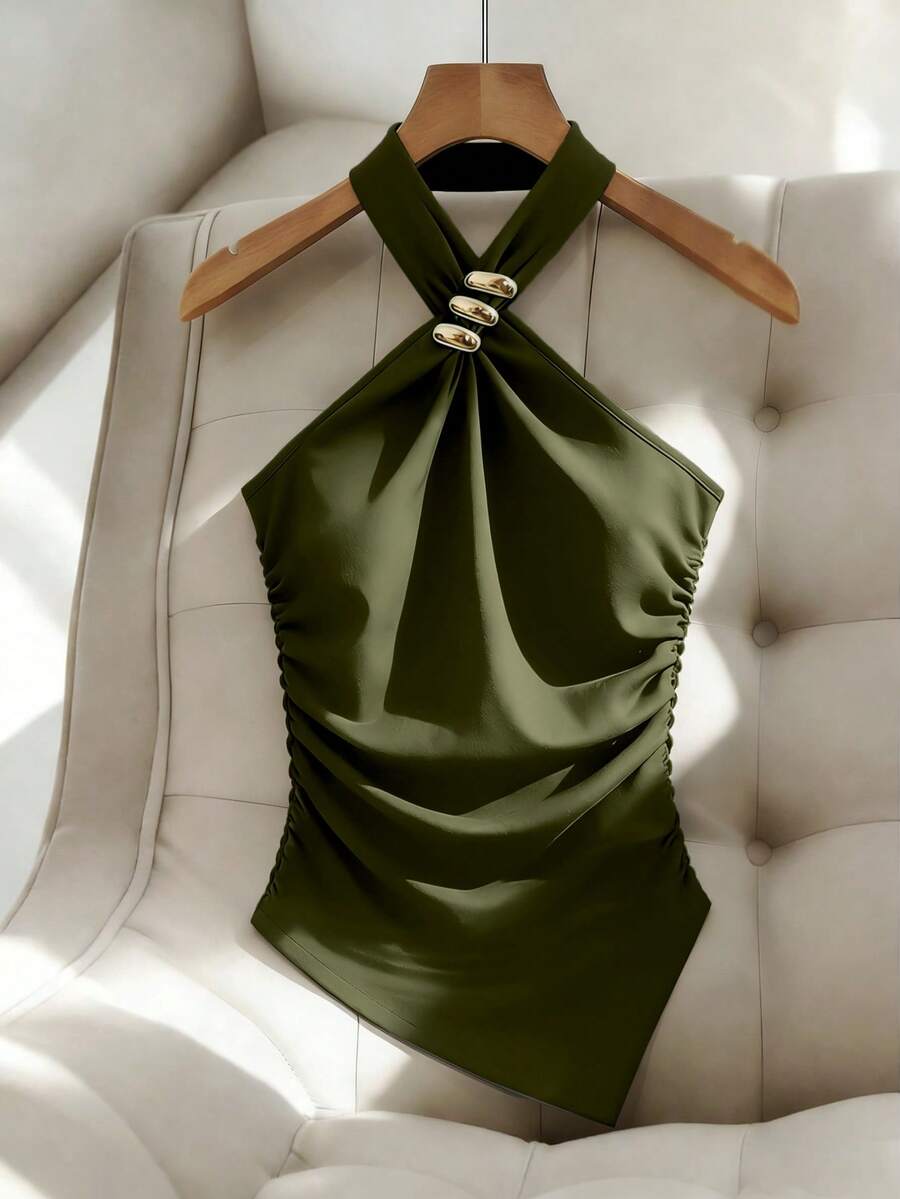 Franclia 黑色金属装饰无袖露脐上衣,针织修身夏季休闲背心,不对称下摆 - 軍綠色 - 查看 1