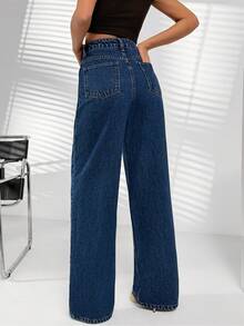 Women Cross Waist Detail Dark Wash Wide Leg Casual Denim Jeans - Dark Wash - View 2