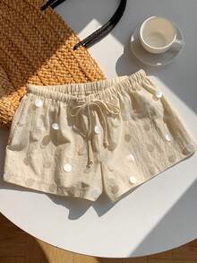 Comfortcana 女士夏季休闲棉麻亮片装饰短裤 - 杏色 - 查看 3