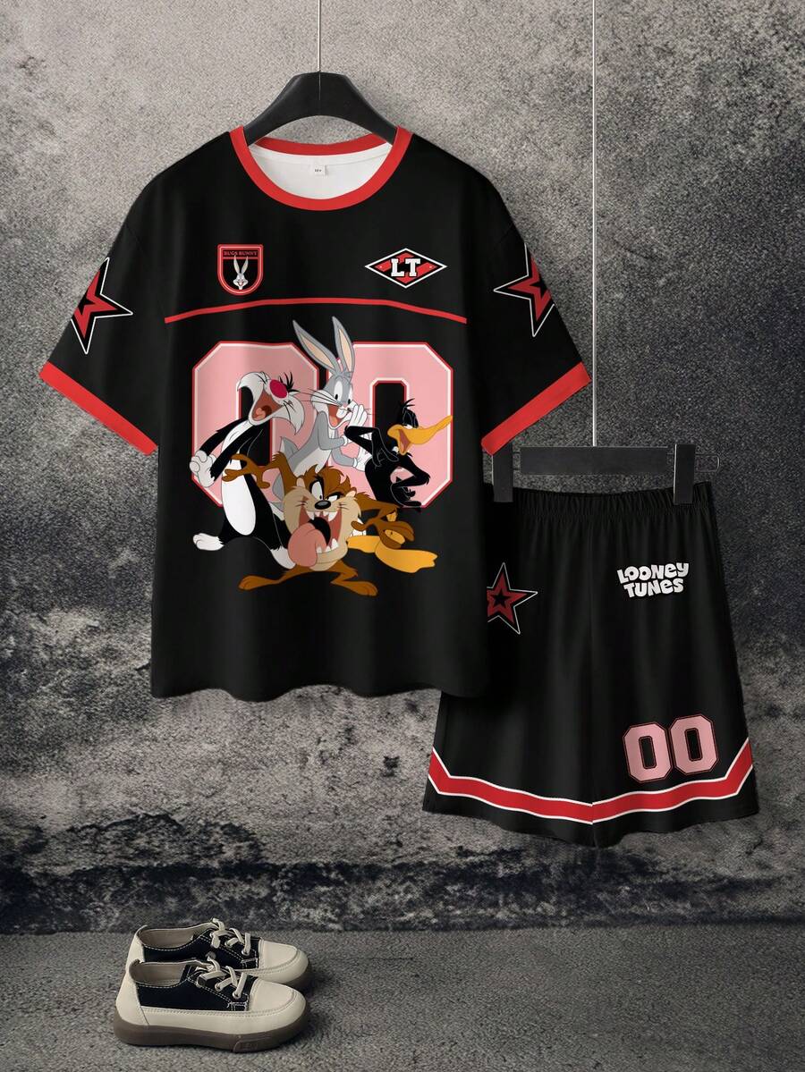 LOONEY TUNES X SHEIN 青少年男童圆领短袖休闲T恤和短裤套装 - 白色 - 查看 1