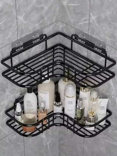 1个三角形壁挂式储物架，免打孔浴室收纳架，带挂钩淋浴置物架，适用于水槽附近壁挂安装，浴室装饰配件，实用置物架