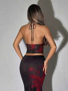 SHEIN ICON Bộ đồ 2 món mùa hè dành cho nữ, thích hợp cho các lễ hội, tiệc bãi biển, đi chơi, gợi cảm, quyến rũ với họa tiết hoa, gồm áo cổ xếp ly hở lưng và chân váy đuôi cá. - màu đen - Xem 2