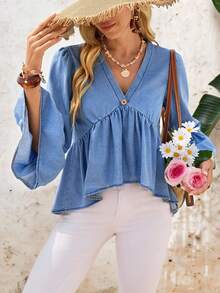 EMERY ROSE 女士休闲荷叶边喇叭袖牛仔衬衫 - 藍色 - 查看 7