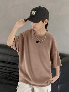 SHEIN Kids/Tween Boys' Chocolate Brown Summer Casual City Break Washed Oversized Loose Fit Round Neck Short Sleeve Knit T-Shirt,School Beach Birthday - Coffee Brown - View 1