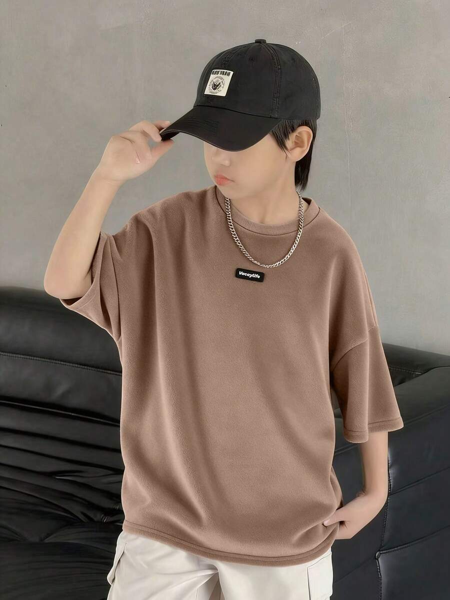 SHEIN Kids/Tween Boys' Chocolate Brown Summer Casual City Break Washed Oversized Loose Fit Round Neck Short Sleeve Knit T-Shirt,School Beach Birthday - Coffee Brown - View 1