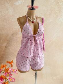 Soleia Women's Striped Heart Print Halter Top And Shorts Casual Everyday Set - Pink - View 5