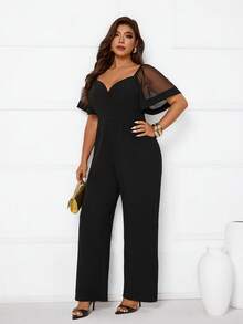 Femmeverse Plus Size Women's New Mesh Patchwork Jumpsuit, Slimming And Elegant - Black - View 5