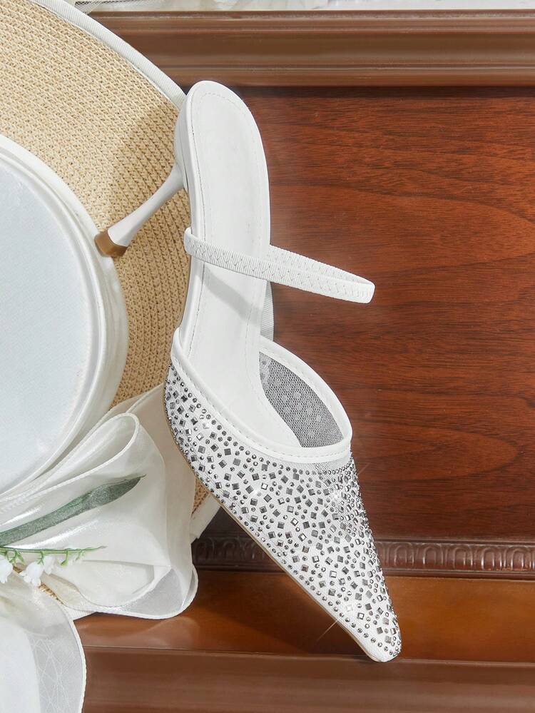 CUCCOO HITCHD Women Shoes Spring And Summer New Mesh Asymmetrical Rhinestones Full Diamond Decoration Small Square Toe Thin Heel High Heel Wedding Season Romantic Elegance White Dress Shoes Valentine's Day Wear High Heel Sandals