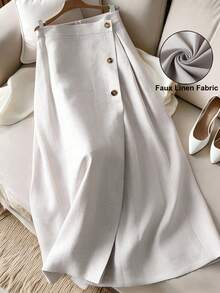 Franclia 女士法式优雅时尚休闲度假纯色弹力腰纽扣前开襟不对称褶皱A字裙，适合海滩度假，修身优雅半身裙，A字裙，喇叭裙休闲度假百搭女裙，2026新款半身裙，夏季度假套装半身裙，春季套装半身裙，波西米亚风夏季半身裙，希腊度假套装，职业装女装，棉布女装，优雅婚纱半身裙，仿亚麻面料半身裙，正式女士半身裙 - 淺灰色 - 查看 1