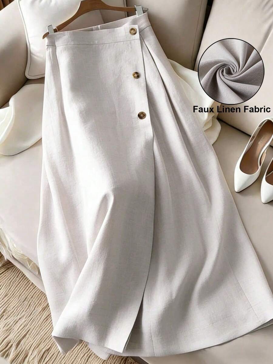 Franclia 女士法式优雅时尚休闲度假纯色弹力腰纽扣前开襟不对称褶皱A字裙，适合海滩度假，修身优雅半身裙，A字裙，喇叭裙休闲度假百搭女裙，2026新款半身裙，夏季度假套装半身裙，春季套装半身裙，波西米亚风夏季半身裙，希腊度假套装，职业装女装，棉布女装，优雅婚纱半身裙，仿亚麻面料半身裙，正式女士半身裙 - 淺灰色 - 查看 1