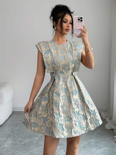 SHEIN Elenzya 优雅浪漫度假通勤派对提花浅绿色浅金色珍珠纽扣无袖女士迷你连衣裙