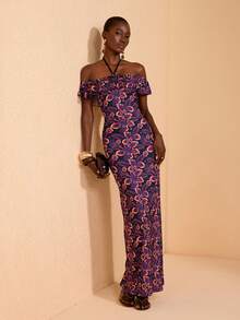 JIAN LASALA All-Over Print Floral Sleeveless Halter Women Casual Dress Off Shoulder - Multicolor - View 5