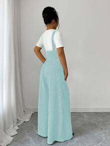 Elenzga Women's Houndstooth Suspender Straight Leg Jumpsuit - Mint Green - View 2