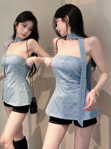 Joudiya Women's Casual Rhombus Pattern Denim Tube Top, Versatile For Daily Wear - Light Wash - View 8